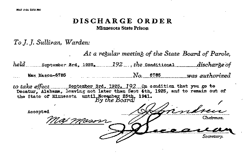 Max Mason. Case No. 6785. Discharge Order, September 3, 1925.