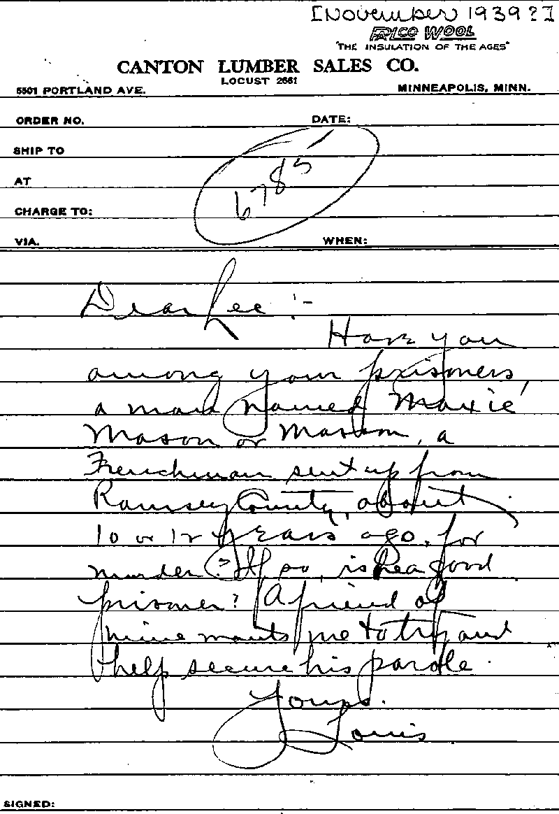 Max Mason. Case No. 6785. Letter from Louis Villaume, Sr. to Lee, November 1939(?).