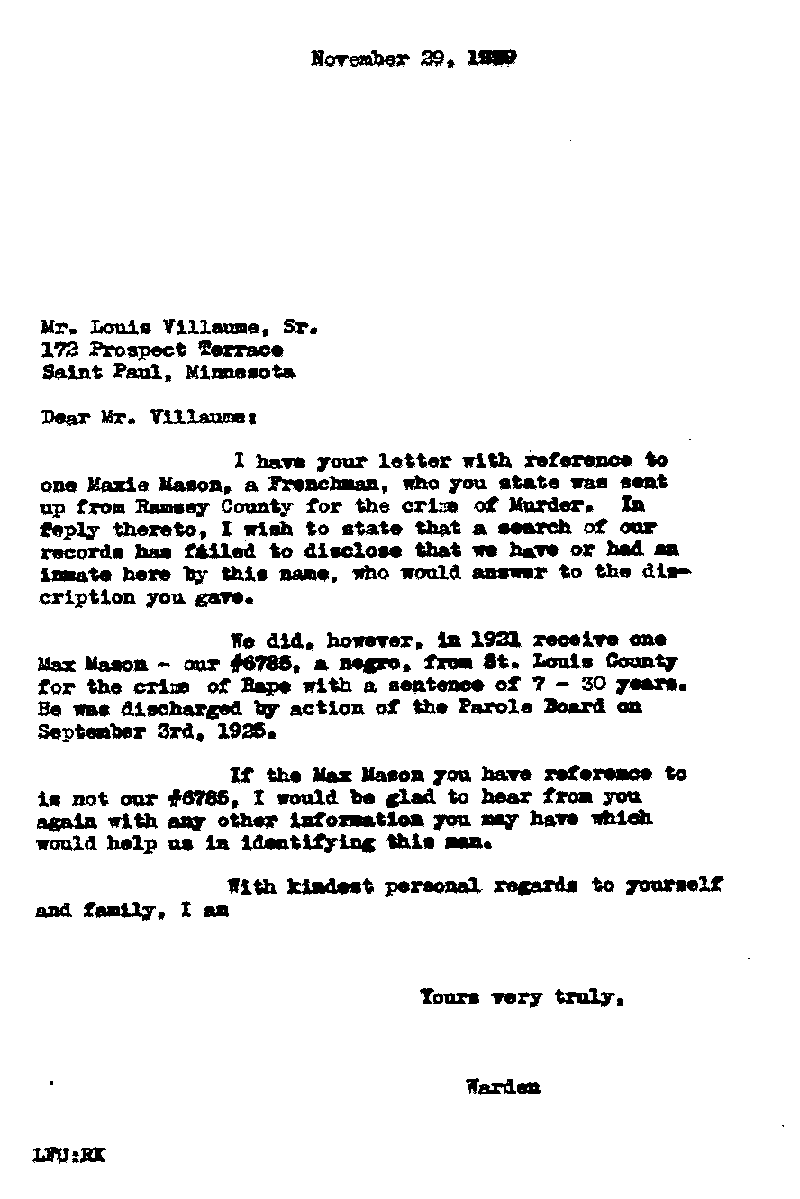  Max Mason. Case No. 6785. Letter from L. F. Utrecht to Louis Villaume, Sr., November, 29, 1939.--Correspondence (gif)