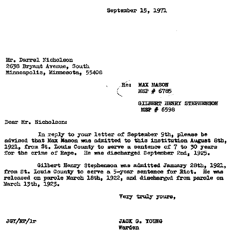 Max Mason. Case No. 6785. Letter from Jack Young to Darrel Nicholson, September 15, 1971.