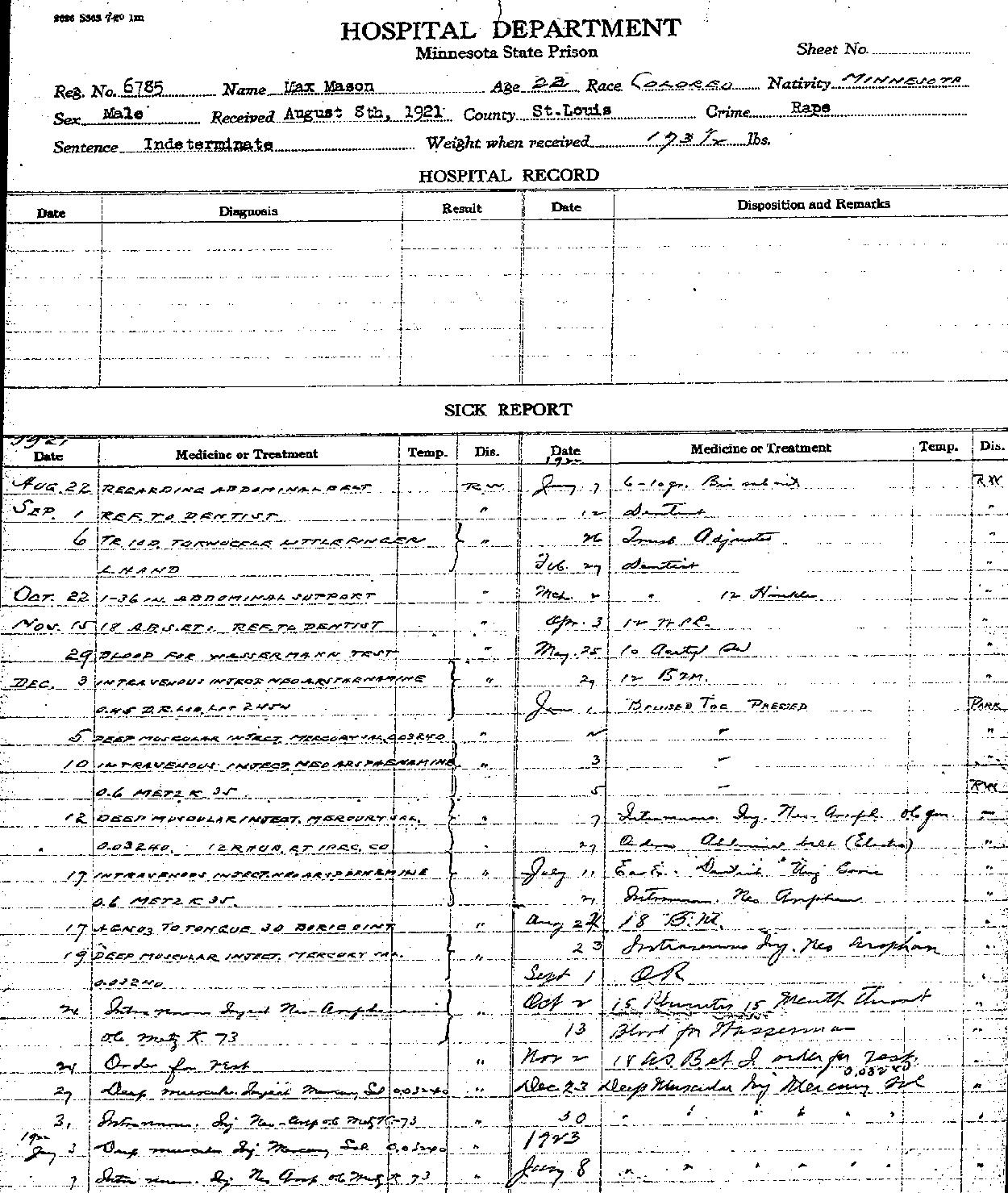 Max Mason. Case No. 6785. Sick Report.--Gov&#039;t Record(s)--Sick Report (gif)