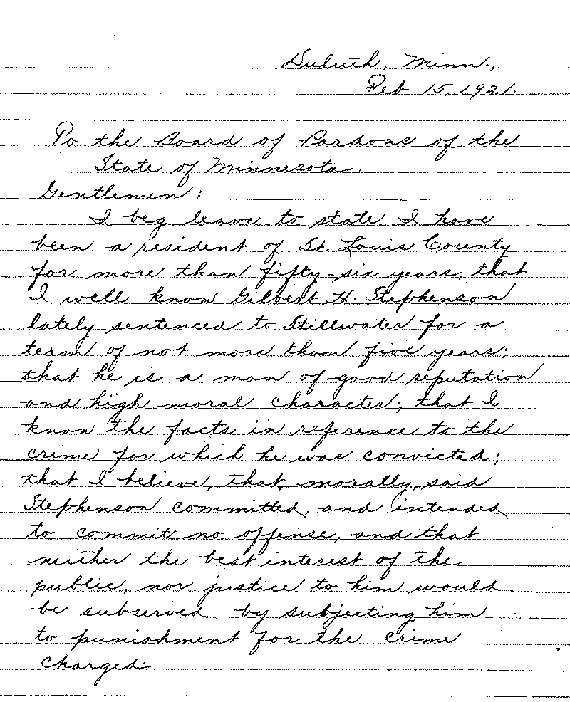 Gilbert Henry Stephenson. Application No. 5151. Letter from Edward Swenson to Board of Pardons, February 15, 1921.--Correspondence (gif)