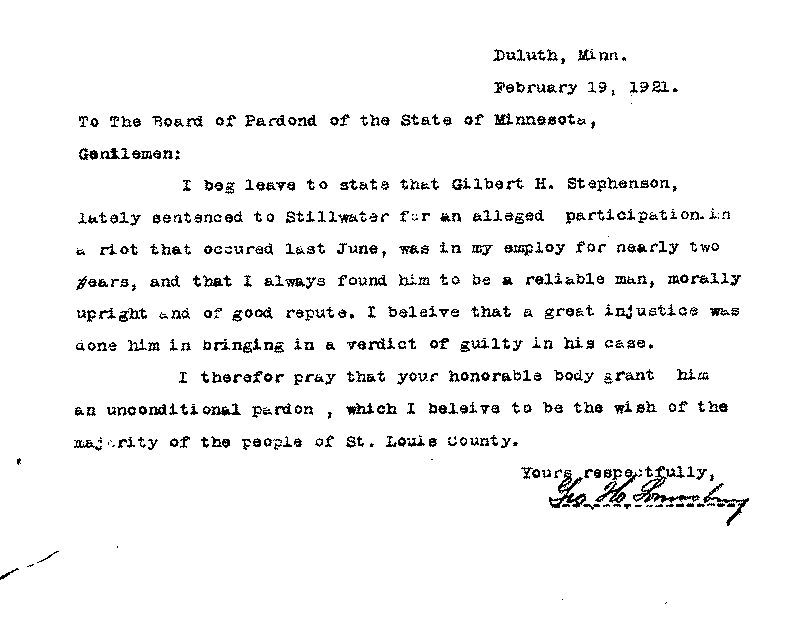 Gilbert Henry Stephenson. Application No. 5151.  Letter from George H. Lounsberry to Board of Pardons, February 19, 1921.