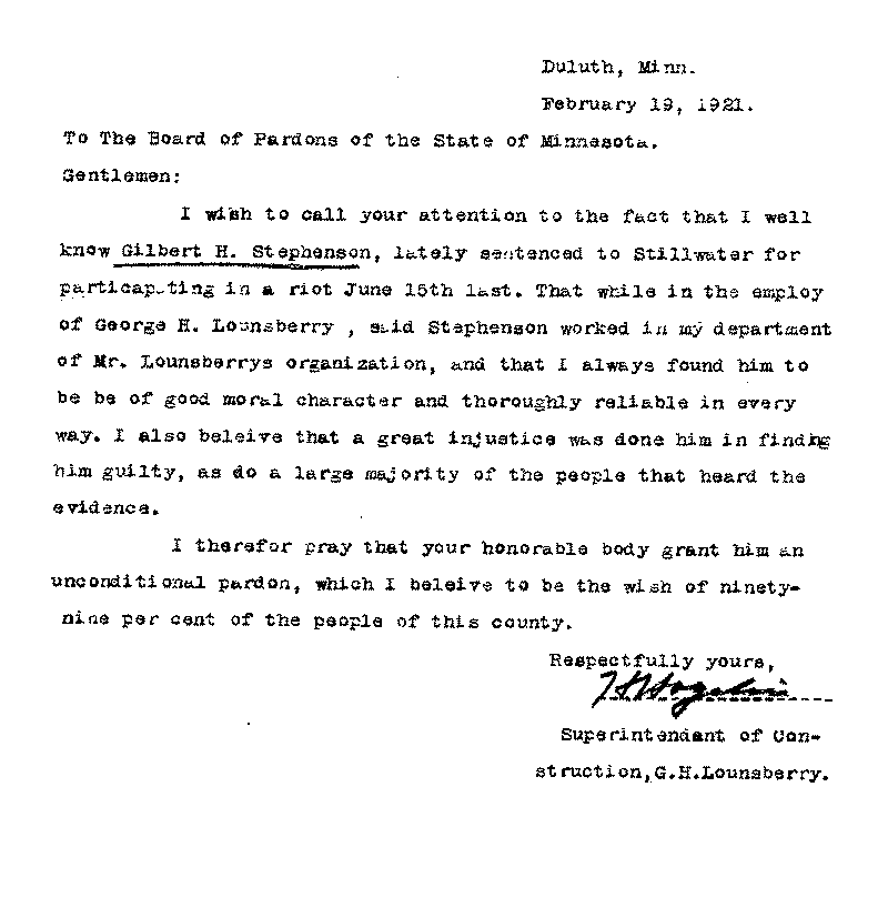 Gilbert Henry Stephenson. Application No. 5151.  Letter from H. [illegible] to Board of Pardons, February 19, 1921.
