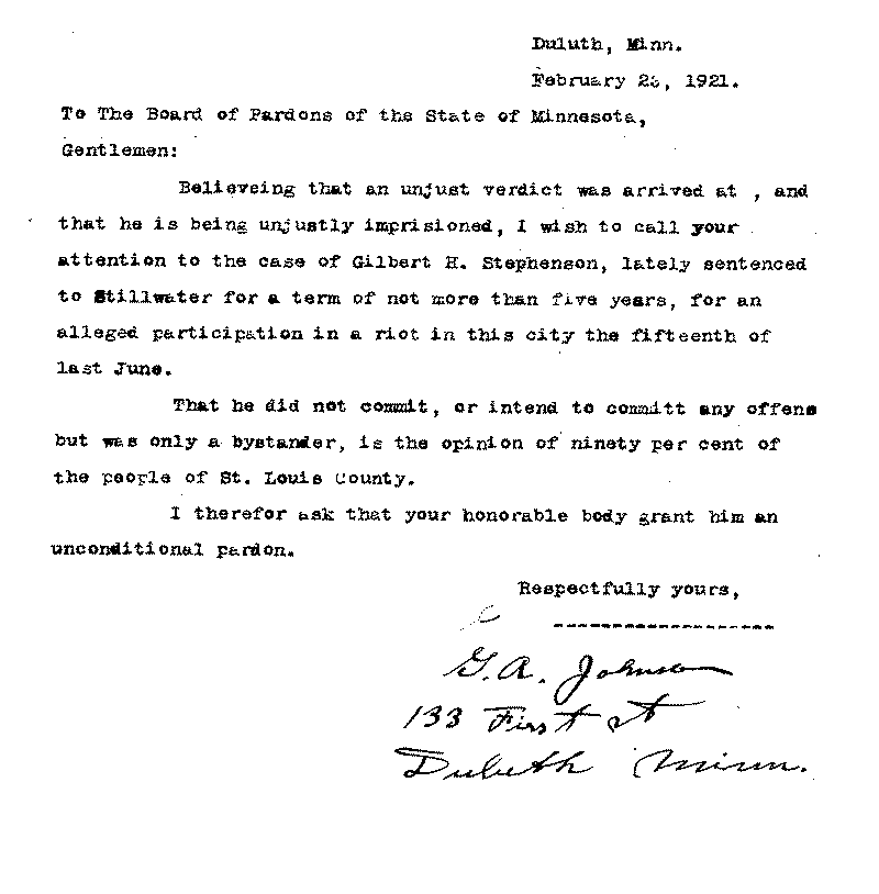 Gilbert Henry Stephenson. Application No. 5151.  Letter from G. A. Johnson to Board of Pardons, February 23, 1921.