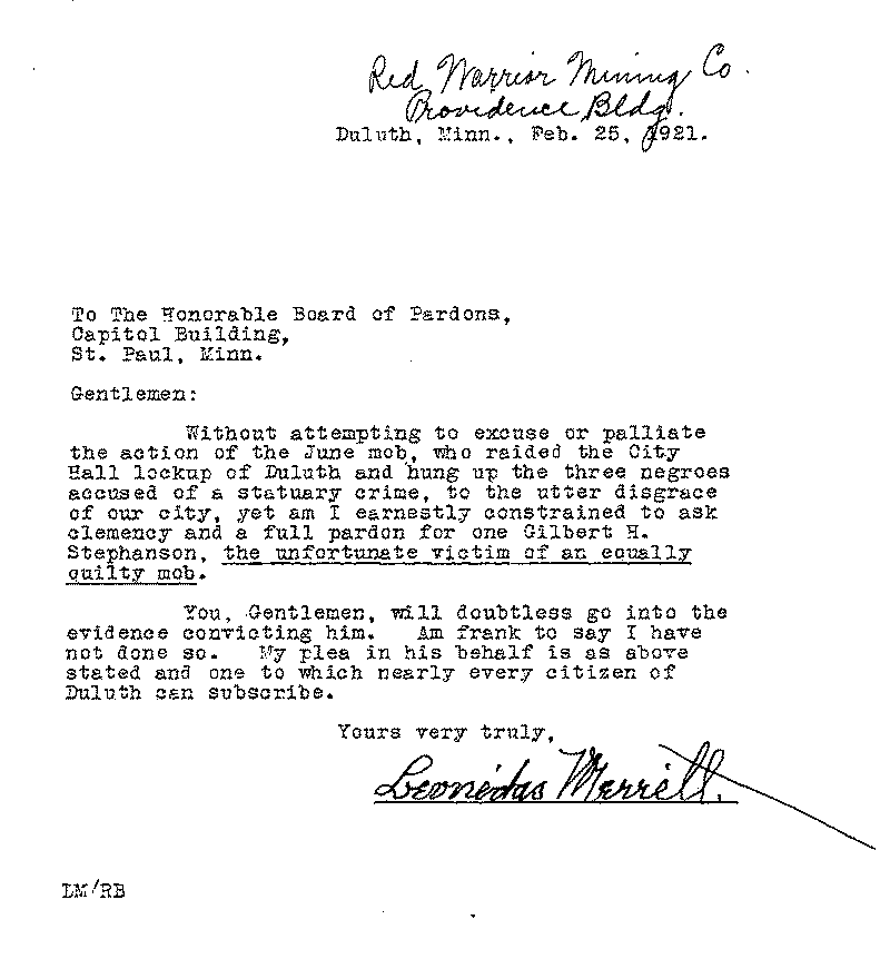 Gilbert Henry Stephenson. Application No. 5151.  Letter from Leonidas Merritt to Board of Pardons, February 25, 1921.