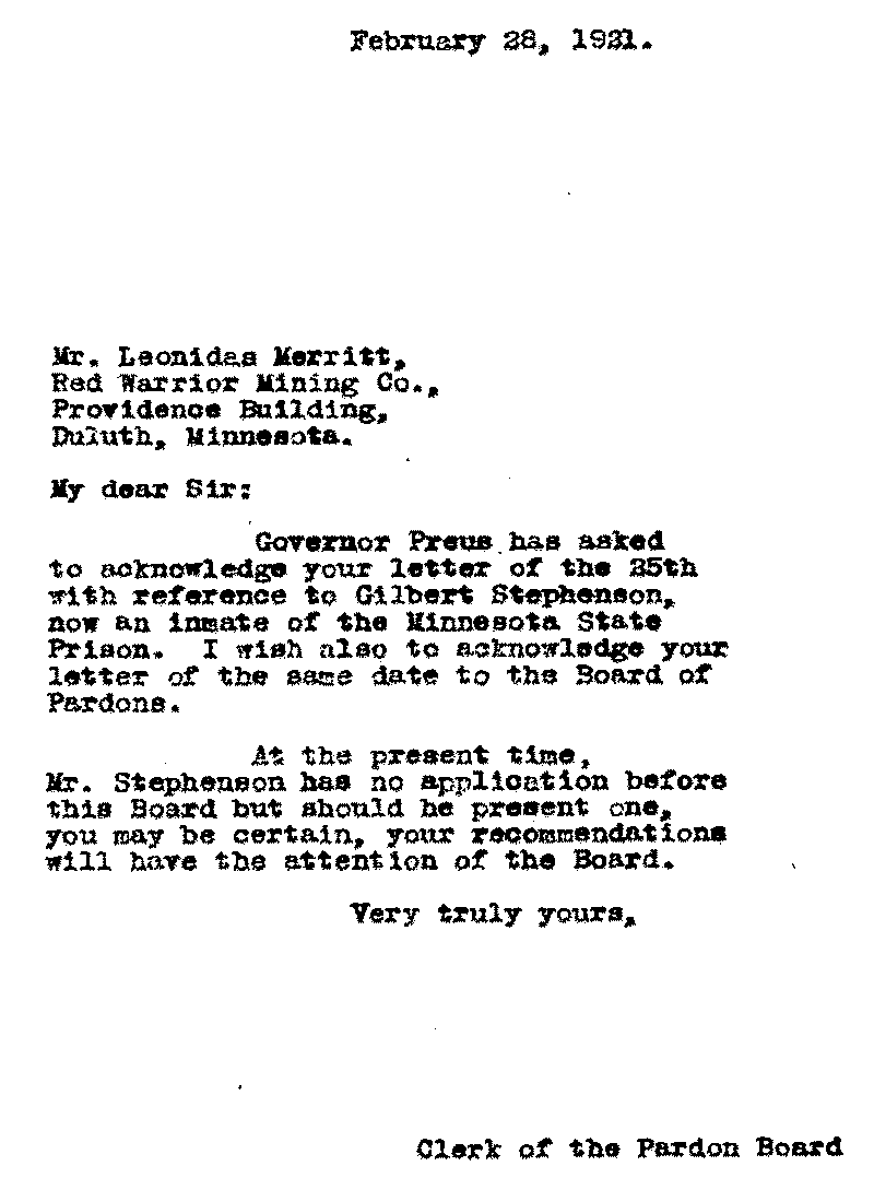 Gilbert Henry Stephenson. Application No. 5151.  Letter from Clerk of the Pardon Board to Leonidas Merritt, February 28, 1921.