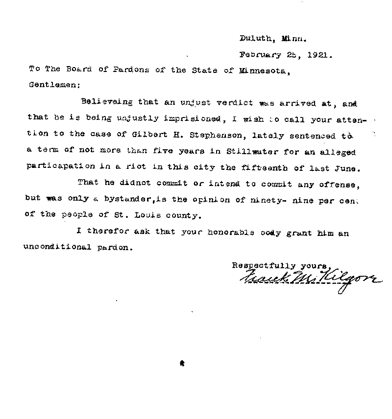 Gilbert Henry Stephenson. Application No. 5151.  Letter from Frank M. Kilgore to Board of Pardons, February 25, 1921.
