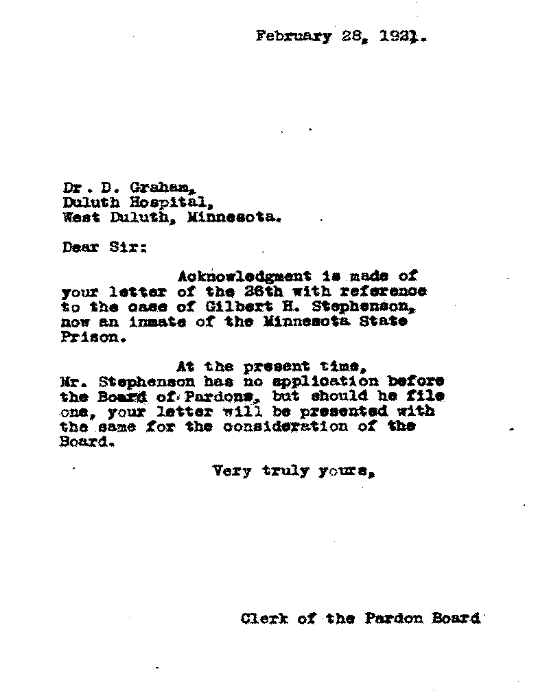 Gilbert Henry Stephenson. Application No. 5151.  Letter from Clerk of the Pardon Board to D. Graham, February 28, 1921.