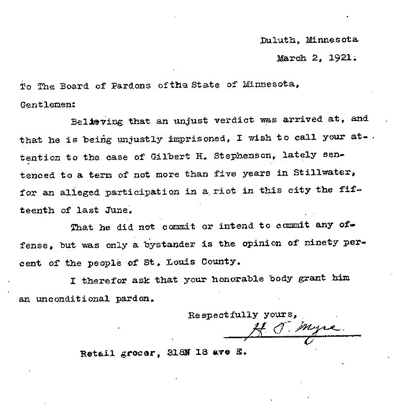 Gilbert Henry Stephenson. Application No. 5151.  Letter from H. O. Myre to Board of Pardons, March 2, 1921.