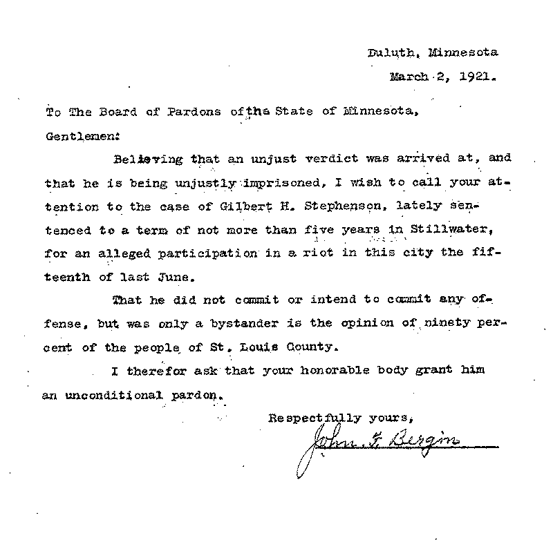 Gilbert Henry Stephenson. Application No. 5151.  Letter from John F. Bergin to Board of Pardons, March 2, 1921.