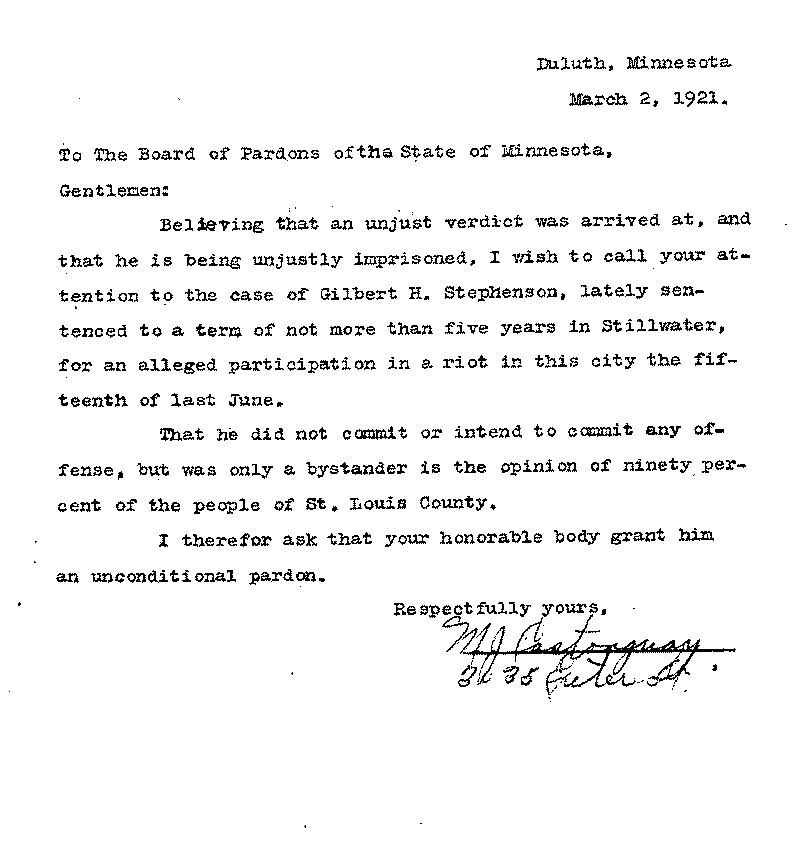 Gilbert Henry Stephenson. Application No. 5151.  Letter from M. J. Castonguay to Board of Pardons, March 2, 1921.