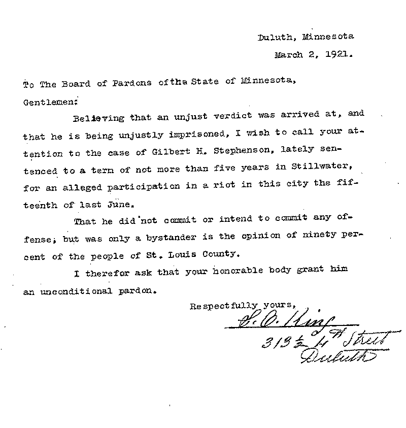 Gilbert Henry Stephenson. Application No. 5151.  Letter from S. O. King to Board of Pardons, March 2, 1921.