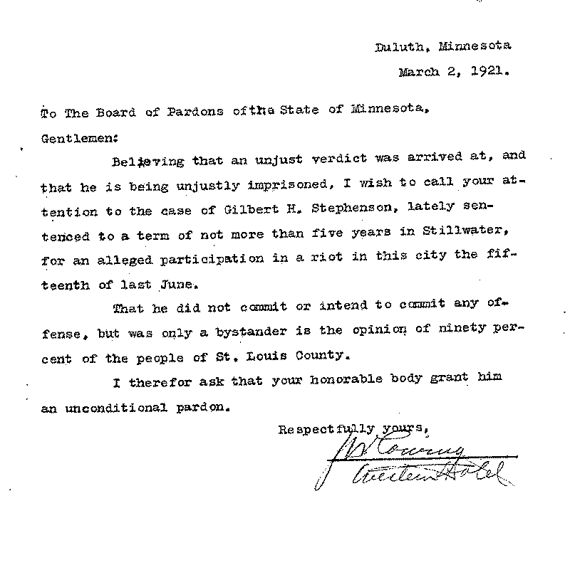 Gilbert Henry Stephenson. Application No. 5151.  Letter from J. W. Cowing to Board of Pardons, March 2, 1921.
