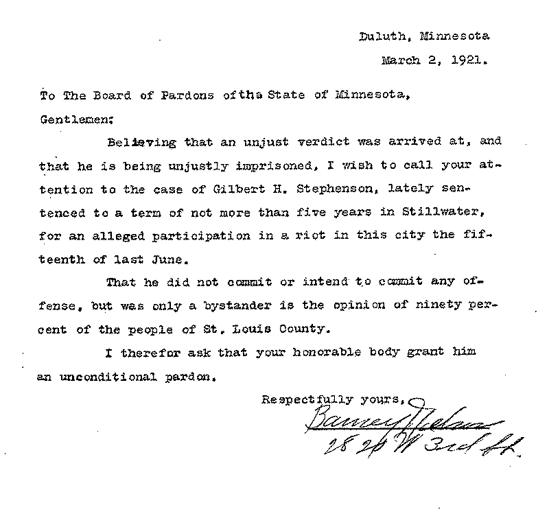 Gilbert Henry Stephenson. Application No. 5151.  Letter from Barney Nelson to Board of Pardons, March 2, 1921.