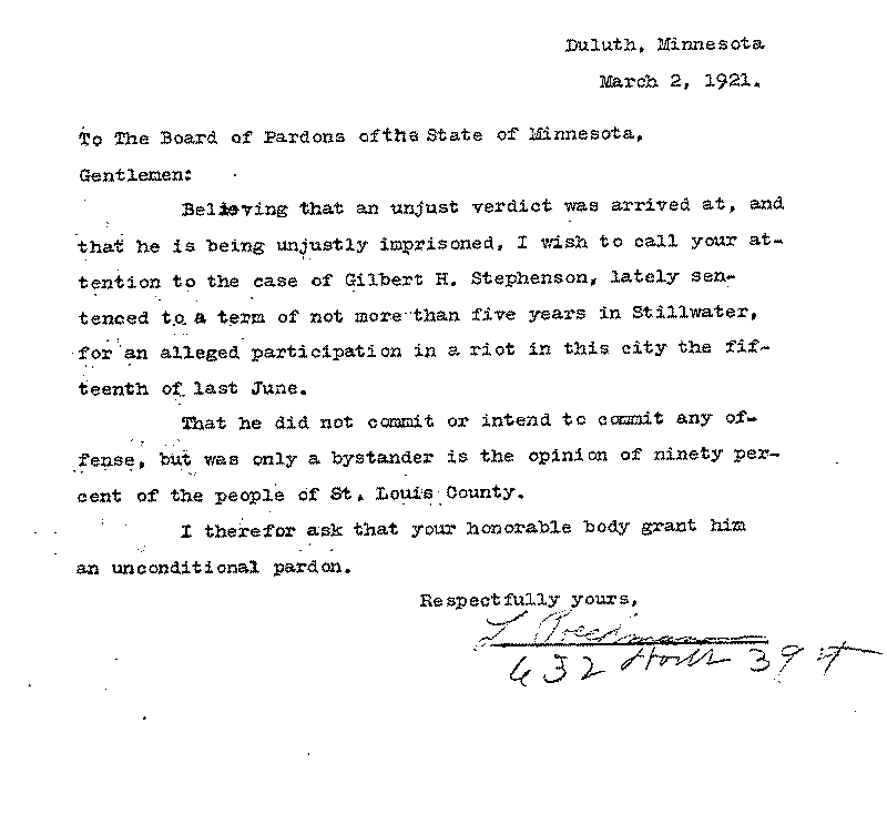 Gilbert Henry Stephenson. Application No. 5151.  Letter from L. Prechman to Board of Pardons, March 2, 1921.