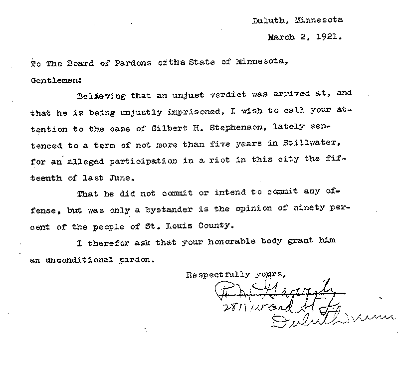 Gilbert Henry Stephenson. Application No. 5151.  Letter from P. M. Garrity to Board of Pardons, March 2, 1921.