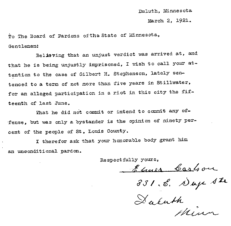 Gilbert Henry Stephenson. Application No. 5151.  Letter from Elmer Carlson to Board of Pardons, March 2, 1921.