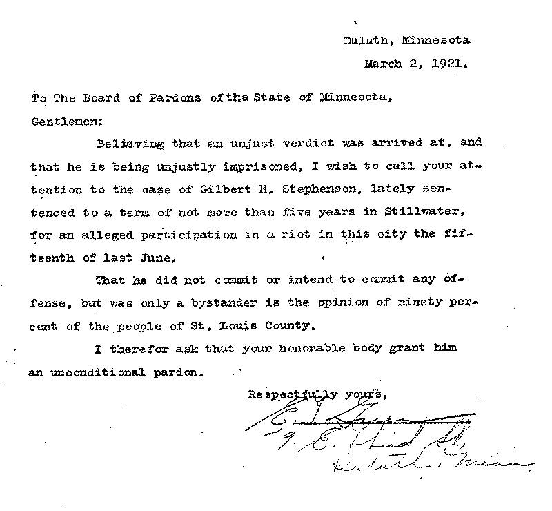 Gilbert Henry Stephenson. Application No. 5151.  Letter from E. J. Green to Board of Pardons, March 2, 1921.