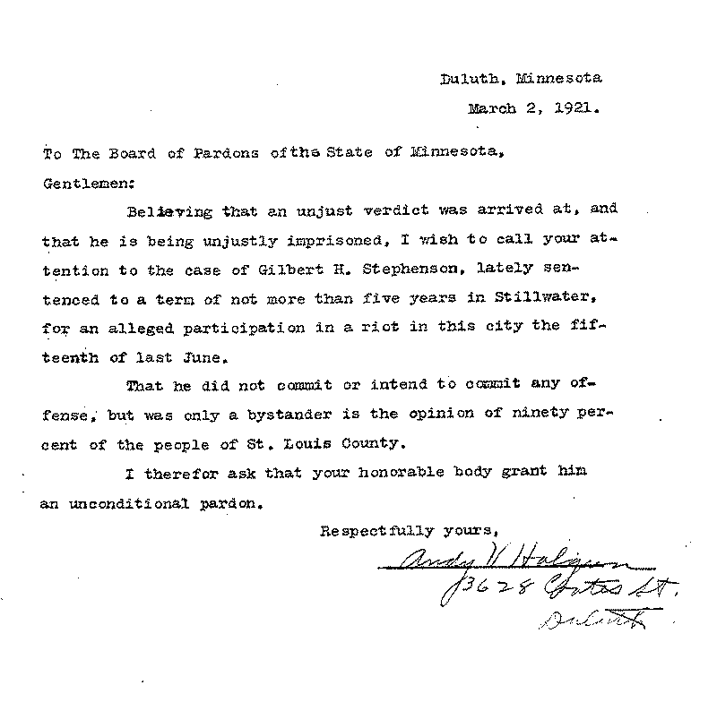 Gilbert Henry Stephenson. Application No. 5151.  Letter from Andy V. Halgren to Board of Pardons, March 2, 1921.