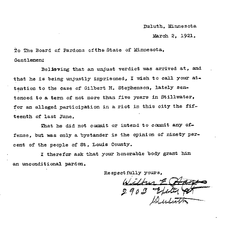 Gilbert Henry Stephenson. Application No. 5151.  Letter from Wilbur E. Hayes to Board of Pardons, March 2, 1921.