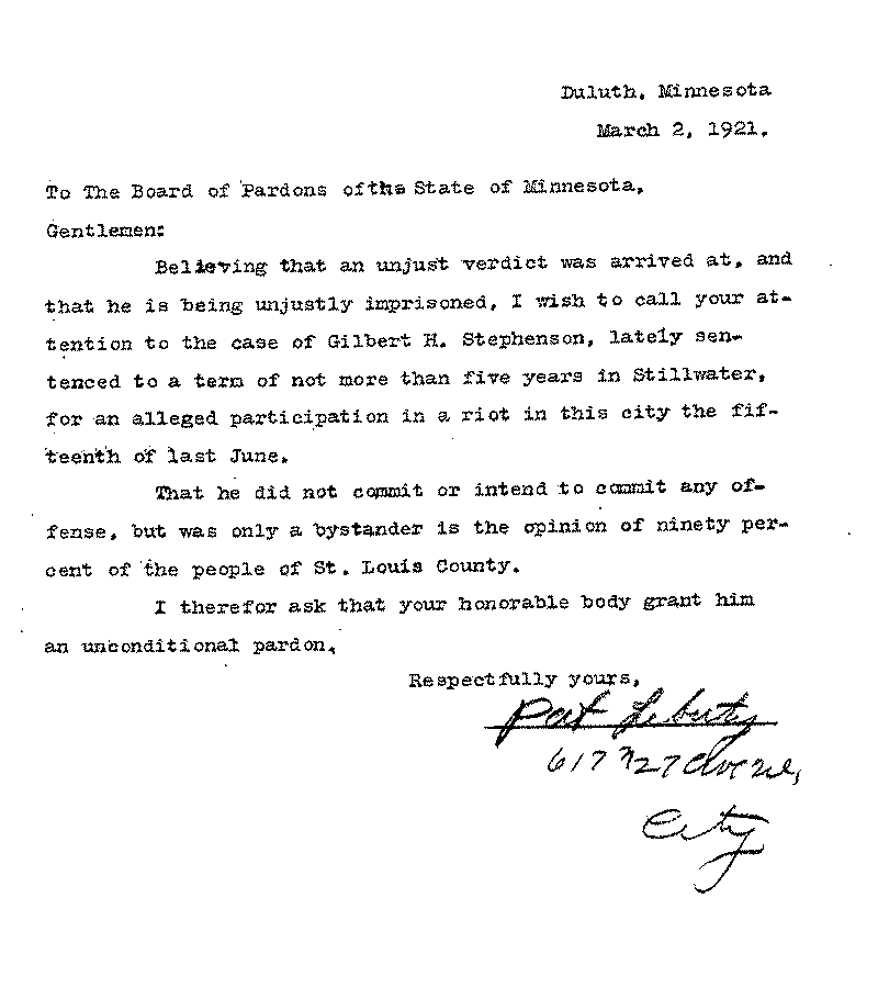 Gilbert Henry Stephenson. Application No. 5151.  Letter from Pat Liberty to Board of Pardons, March 2, 1921.
