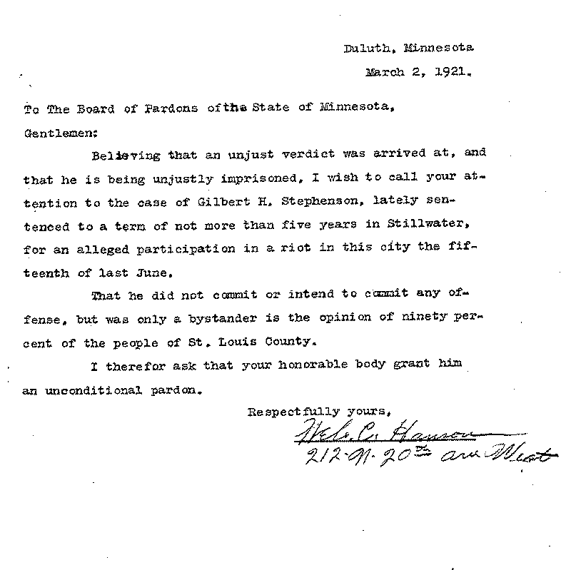 Gilbert Henry Stephenson. Application No. 5151.  Letter from Mel. C. Hanson to Board of Pardons, March 2, 1921.