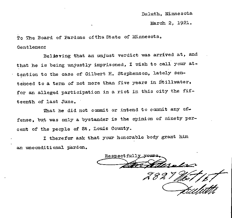 Gilbert Henry Stephenson. Application No. 5151.  Letter from [illegible] to Board of Pardons, March 2, 1921.