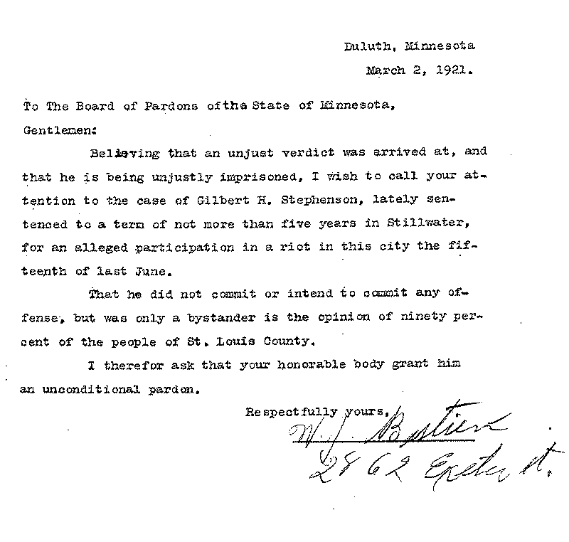Gilbert Henry Stephenson. Application No. 5151.  Letter from W. J. Bastian to Board of Pardons, March 2, 1921.