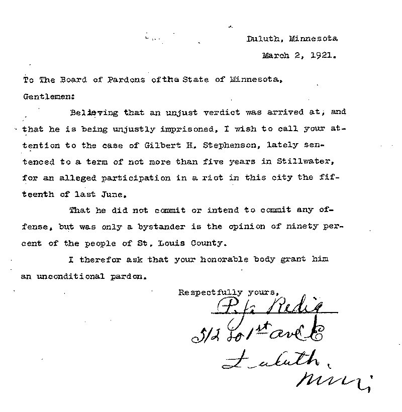 Gilbert Henry Stephenson. Application No. 5151.  Letter from P. J. Redig to Board of Pardons, March 2, 1921.