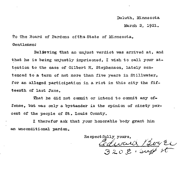 Gilbert Henry Stephenson. Application No. 5151.  Letter from Edward Boyer to Board of Pardons, March 2, 1921.