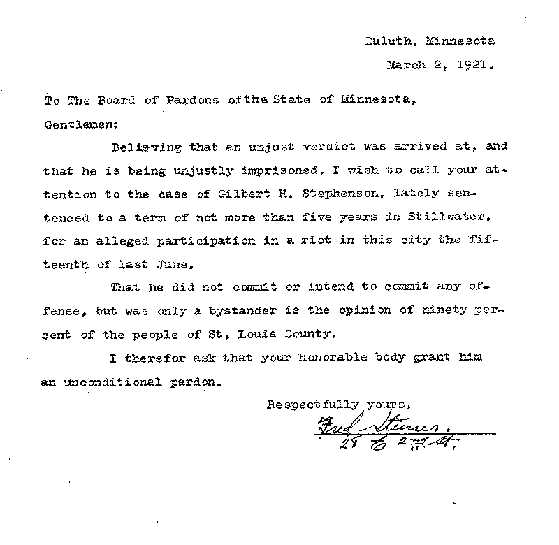 Gilbert Henry Stephenson. Application No. 5151.  Letter from Fred Steiner to Board of Pardons, March 2, 1921.