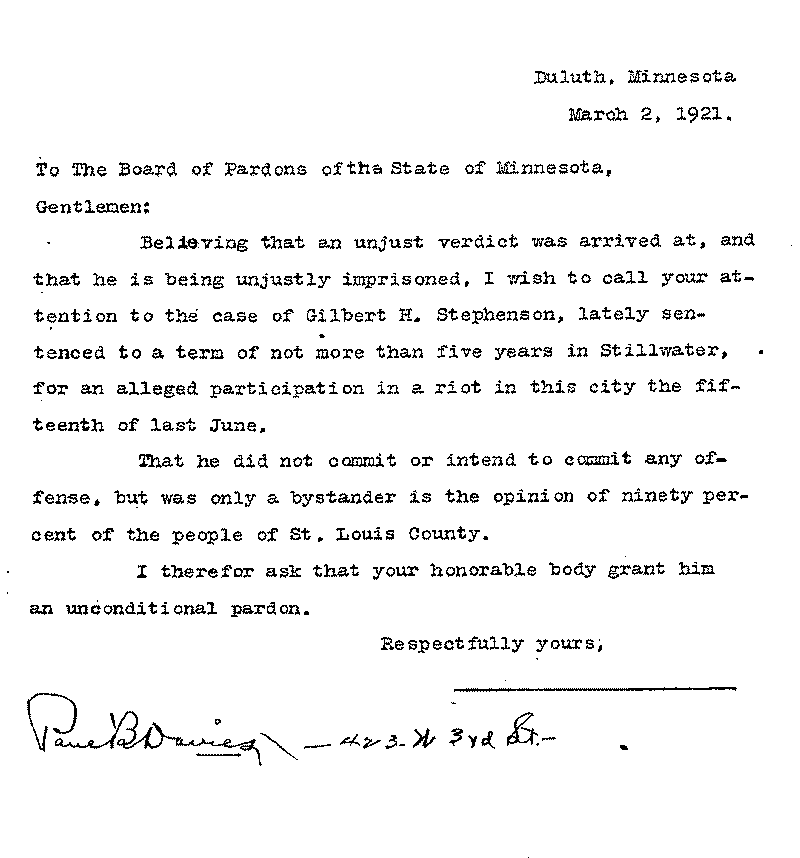 Gilbert Henry Stephenson. Application No. 5151.  Letter from Paul B. Davies to Board of Pardons, March 2, 1921.