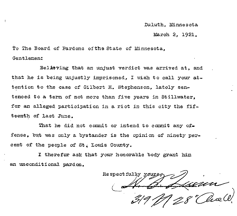 Gilbert Henry Stephenson. Application No. 5151.  Letter from W. O. Quinn to Board of Pardons, March 2, 1921.