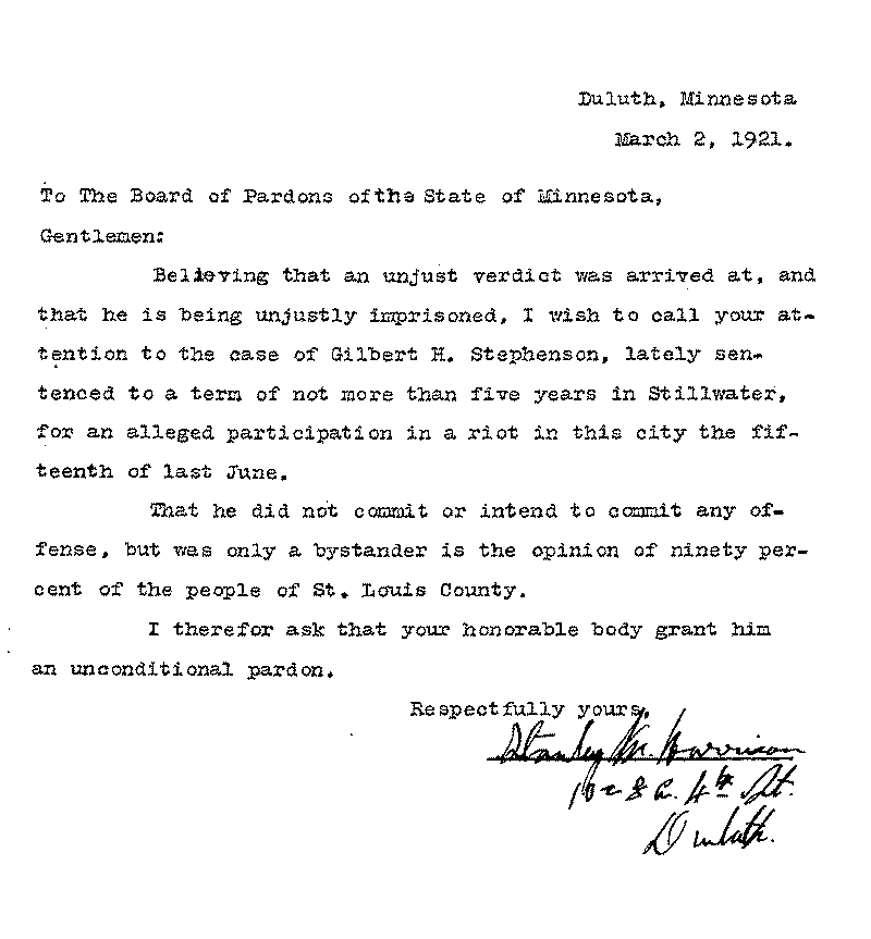 Gilbert Henry Stephenson. Application No. 5151.  Letter from Stanley W. Harrison to Board of Pardons, March 2, 1921.