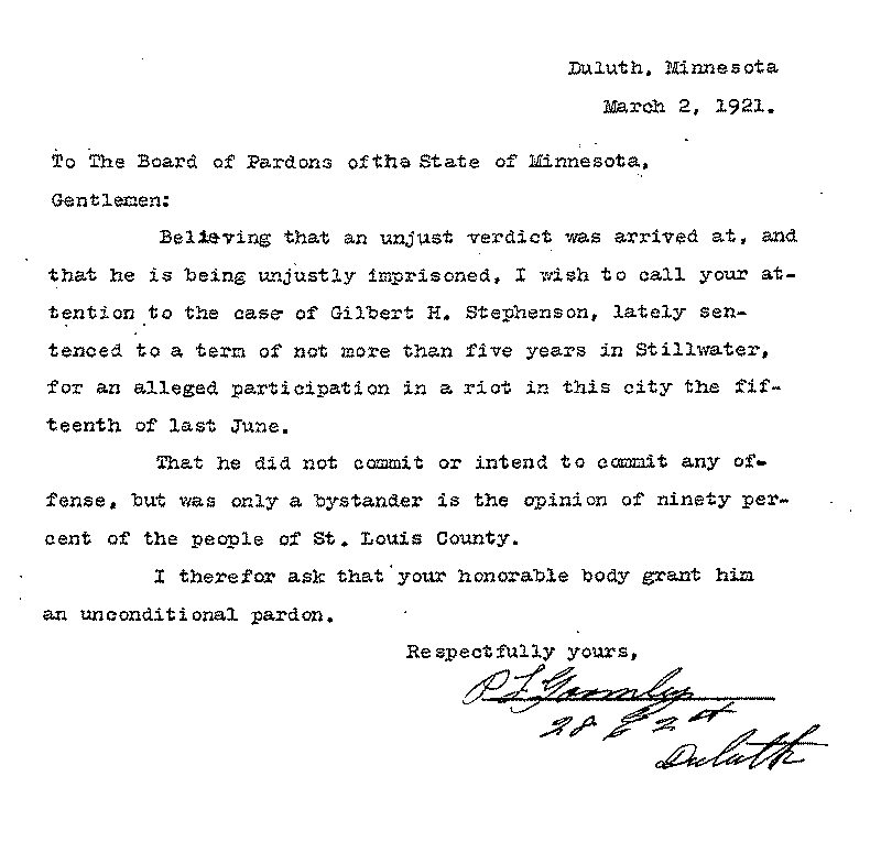 Gilbert Henry Stephenson. Application No. 5151.  Letter from P. L. Gormly to Board of Pardons, March 2, 1921.