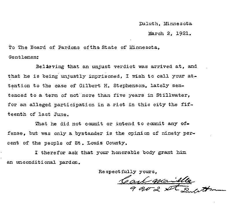 Gilbert Henry Stephenson. Application No. 5151.  Letter from Carl Manielle to Board of Pardons, March 2, 1921.