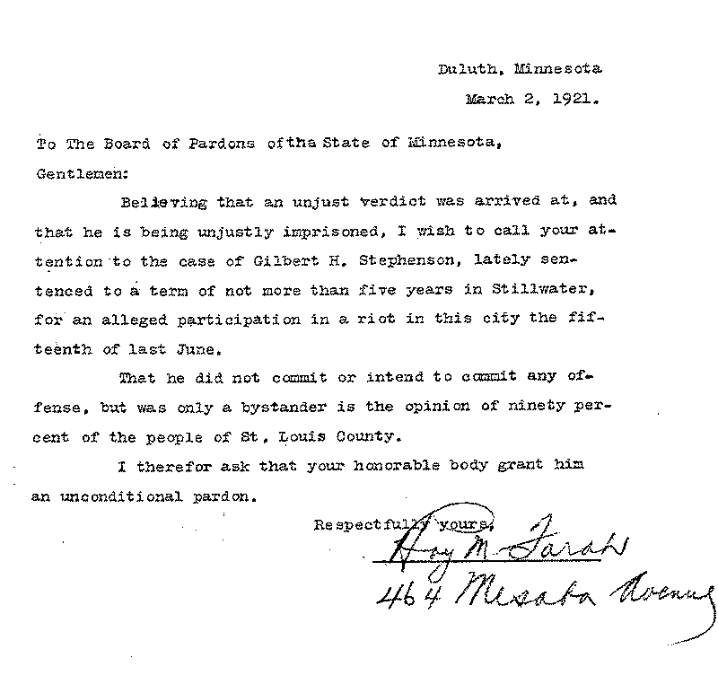 Gilbert Henry Stephenson. Application No. 5151.  Letter from Hoy M. Farah to Board of Pardons, March 2, 1921.