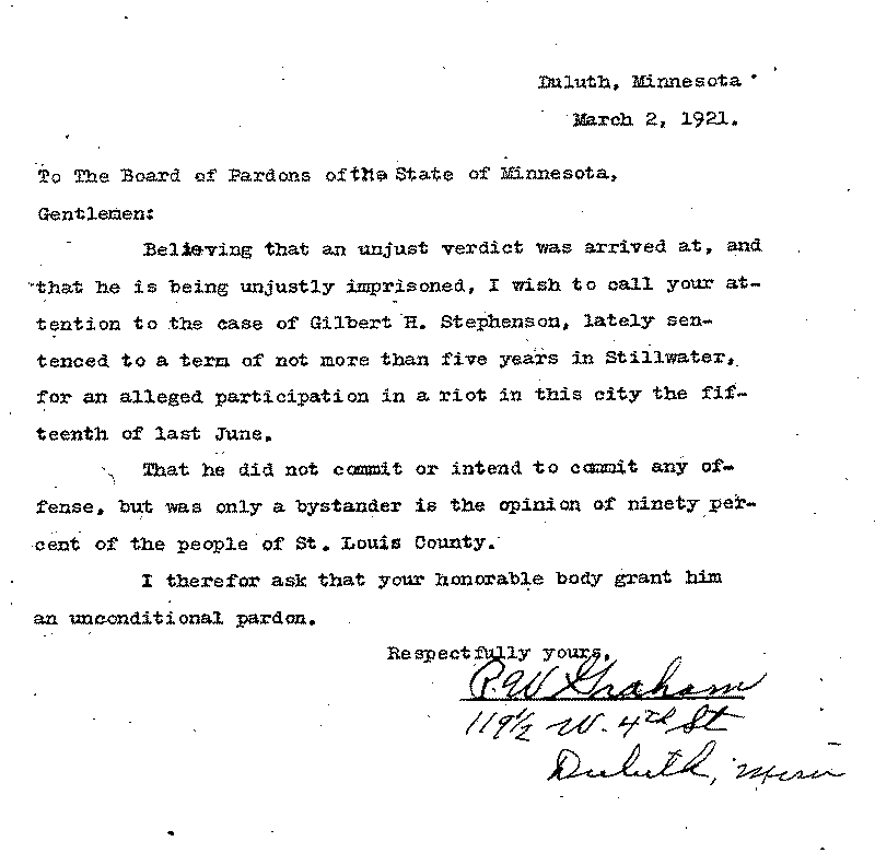 Gilbert Henry Stephenson. Application No. 5151.  Letter from P. W. Graham to Board of Pardons, March 2, 1921.