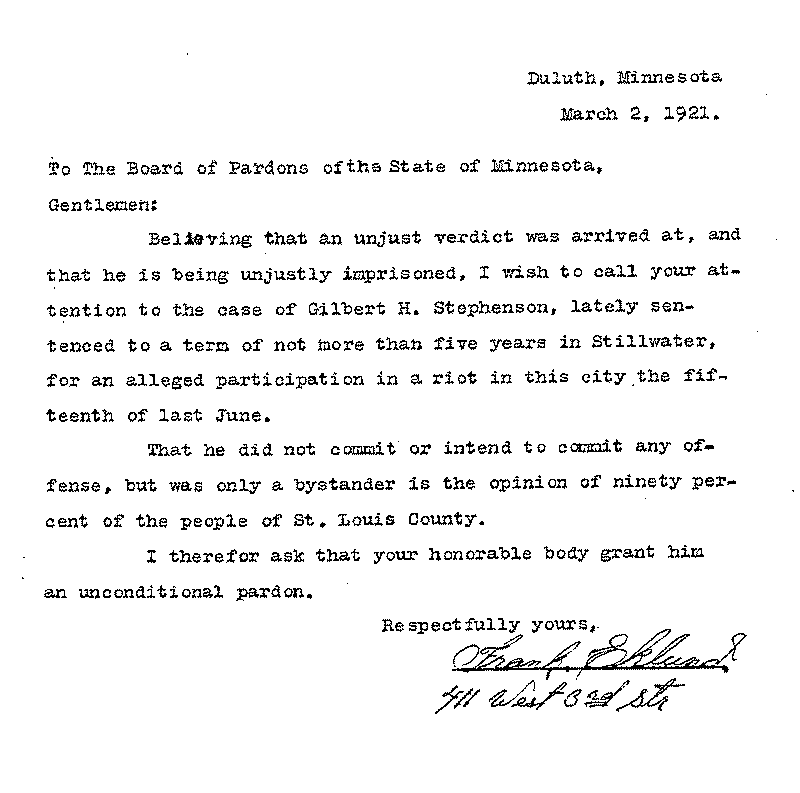 Gilbert Henry Stephenson. Application No. 5151.  Letter from Frank Sklund to Board of Pardons, March 2, 1921.