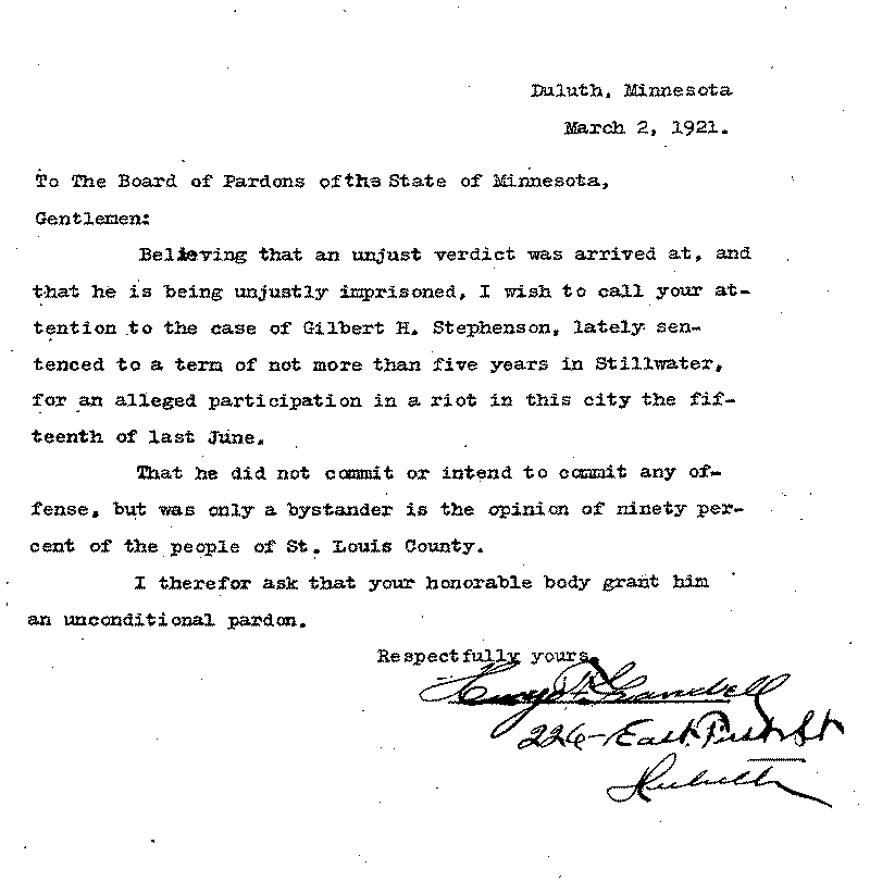 Gilbert Henry Stephenson. Application No. 5151.  Letter from Hugo Frandell (?) to Board of Pardons, March 2, 1921.