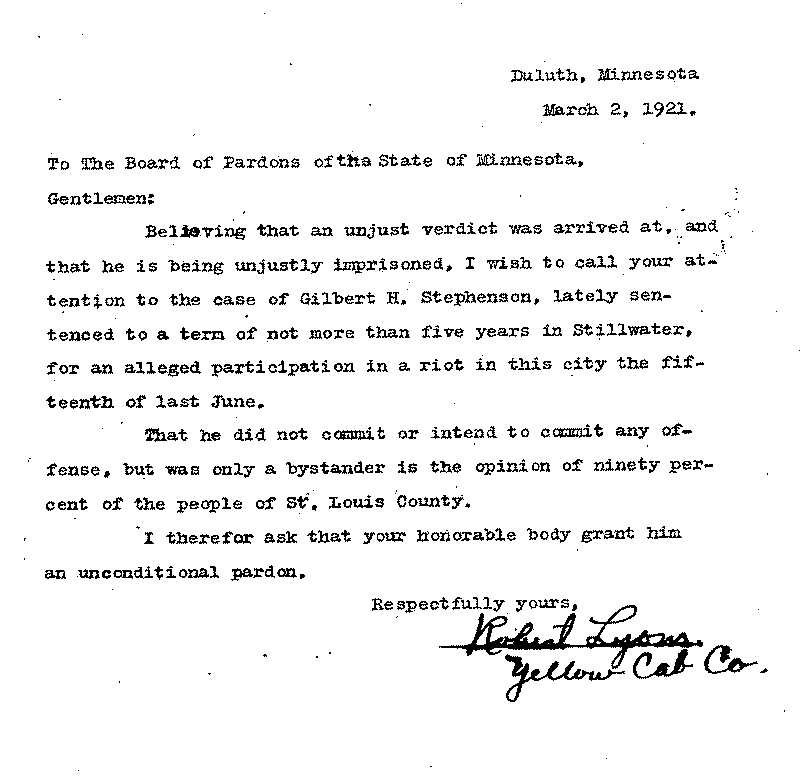 Gilbert Henry Stephenson. Application No. 5151.  Letter from Robert Lyons to Board of Pardons, March 2, 1921.