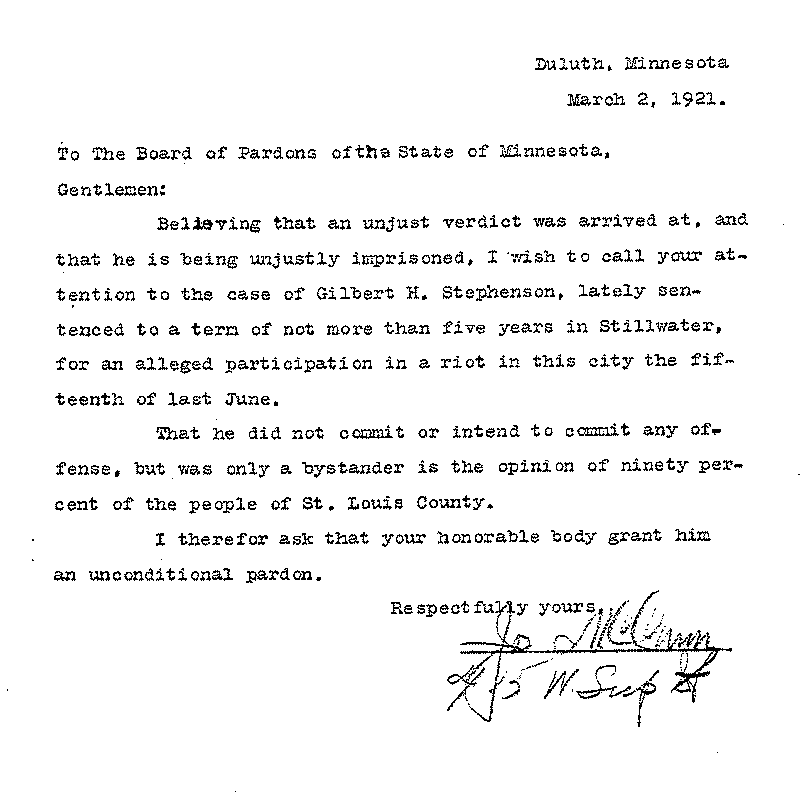 Gilbert Henry Stephenson. Application No. 5151.  Letter from Jo McCurn (?) to Board of Pardons, March 2, 1921.