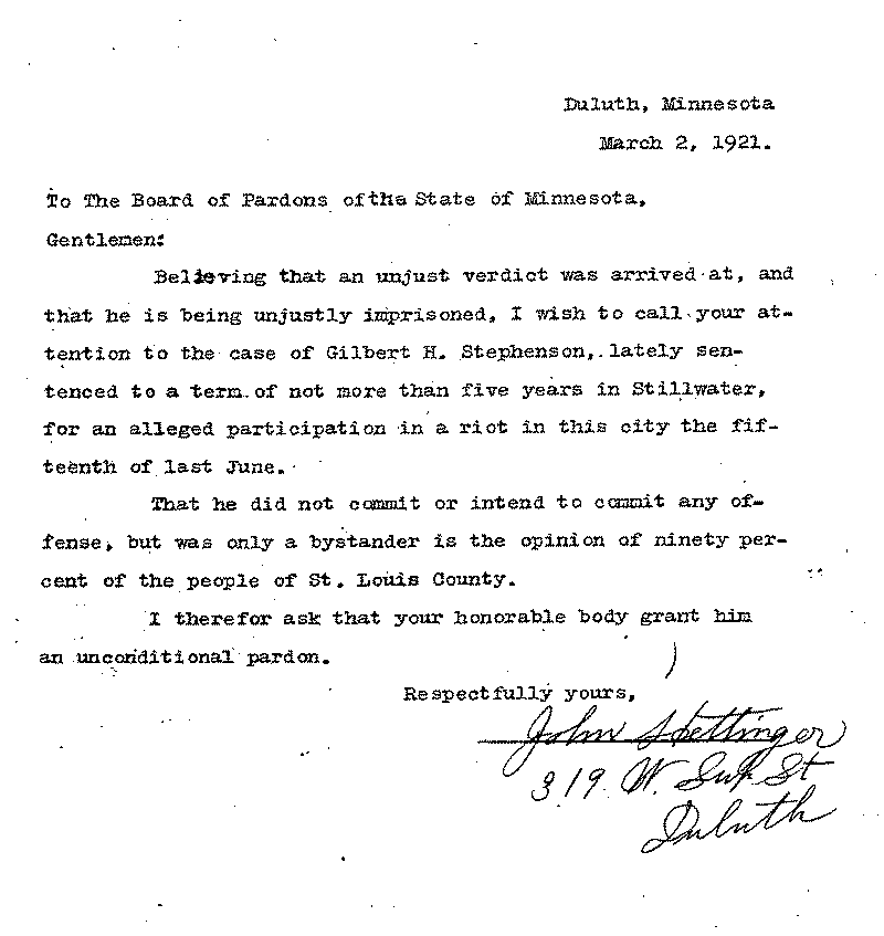 Gilbert Henry Stephenson. Application No. 5151.  Letter from John Søettinger to Board of Pardons, March 2, 1921.