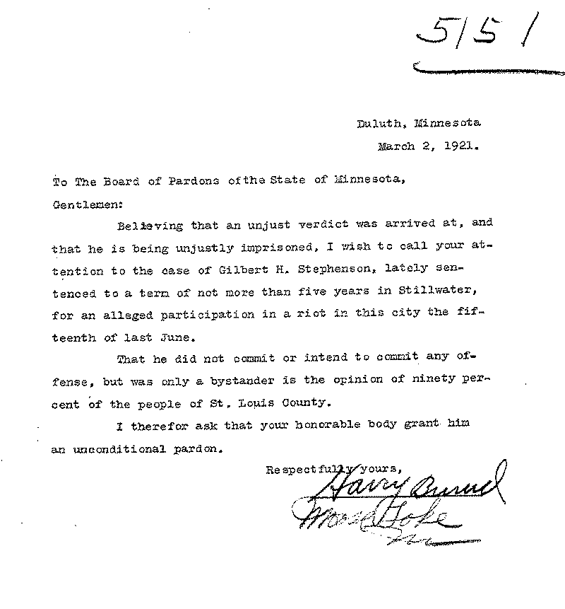 Gilbert Henry Stephenson. Application No. 5151.  Letter from Harry Burud (?) to Board of Pardons, March 2, 1921.