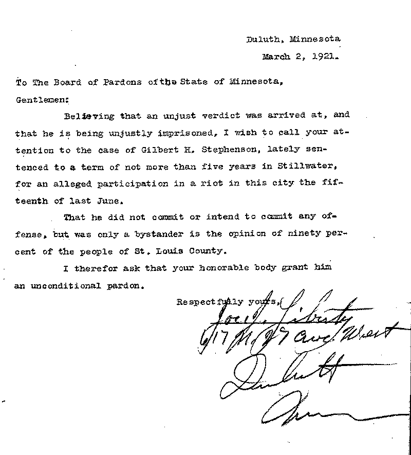 Gilbert Henry Stephenson. Application No. 5151.  Letter from Joe J. Liberty to Board of Pardons, March 2, 1921.