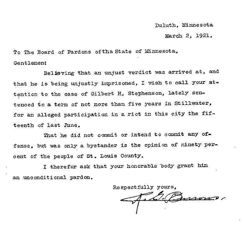 Gilbert Henry Stephenson. Application No. 5151.  Letter from R. G. Burrows to Board of Pardons, March 2, 1921.