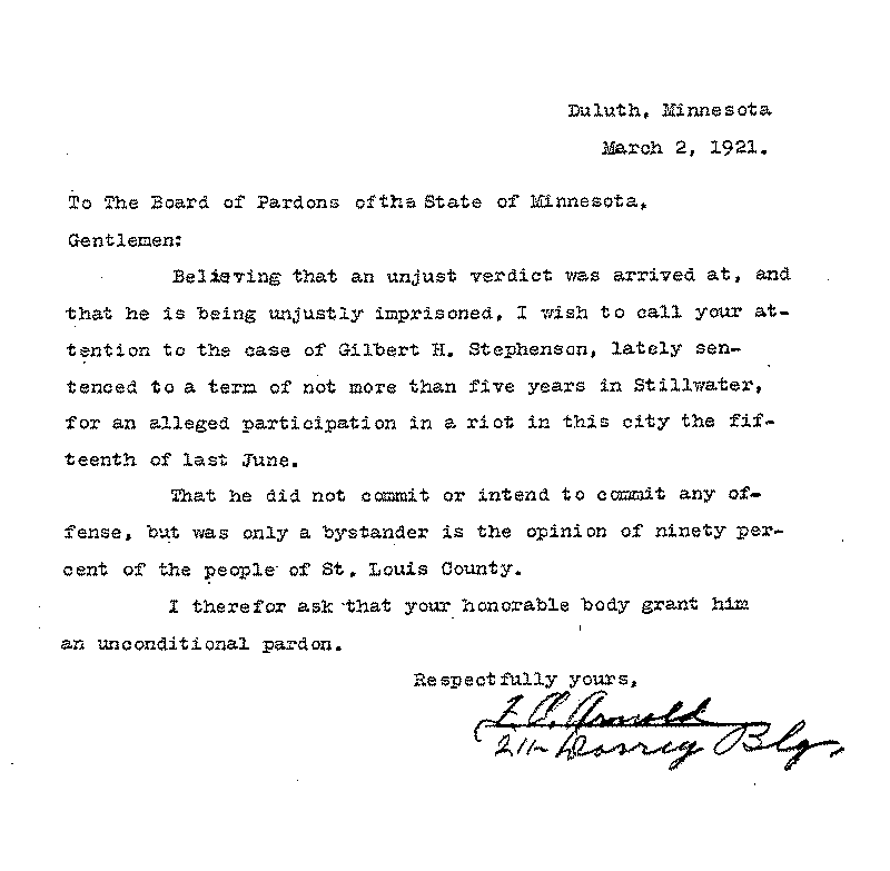 Gilbert Henry Stephenson. Application No. 5151.  Letter from F. A. Arnold to Board of Pardons, March 2, 1921.