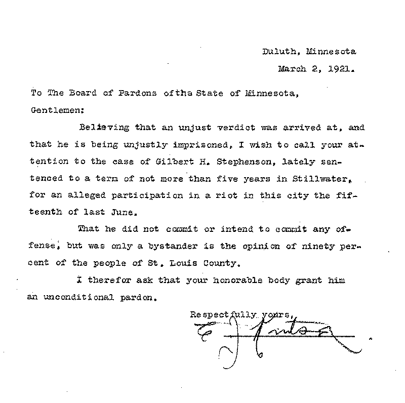 Gilbert Henry Stephenson. Application No. 5151.  Letter from E. J. Knutson to Board of Pardons, March 2, 1921.