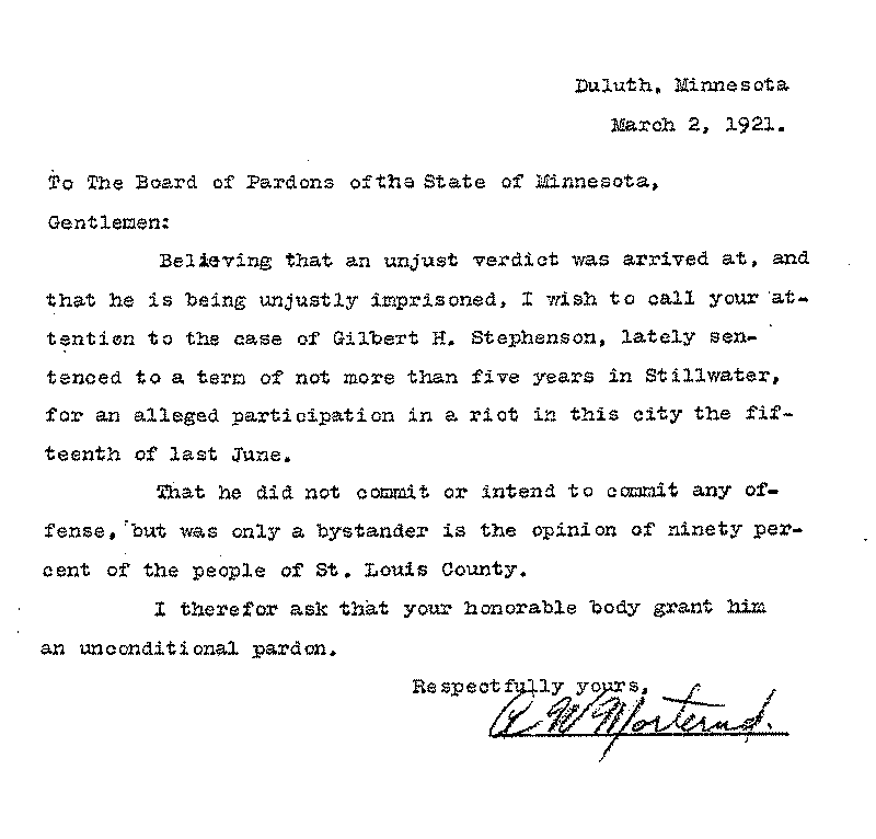 Gilbert Henry Stephenson. Application No. 5151.  Letter from A. W. Morternd to Board of Pardons, March 2, 1921.